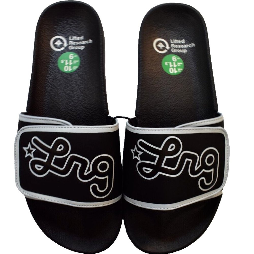Lifted Research Group LRG Mens Cursive Logo Slides Black Sandals Shoes New 10